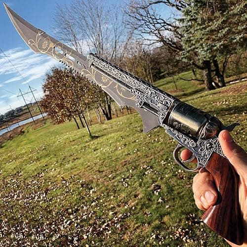 Steampunk Gun Blade Sword K Exclusive | 20 1/2" Rust Resistant Stainless-Steel Blade | Antique Finish | Laser-Etched and Engraved Accents | Spinning Barrel | Nylon Sheath Included | 26" Overall Length thumbnail 5