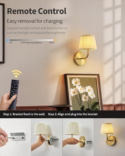 PUSU LED Cordless Gold H9.6 inch Small Wall Sconces Set of 2, Rechargeable 5200mAh Battery Operated Fabric Wall Lamp with Remote, Lighting for Living Room, Bedroom, Hallway, Bathroom, Stairs, Kitchen thumbnail 4