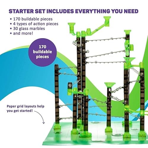 Marble Genius Marble Rails Starter Set, 200 Piece Marble Run for Kids 8+ (30 Marbles, 30 Rail Pieces, 12 Base Pieces & More), STEM, Full-Color Instructions, Great for Kids & Teens thumbnail 3