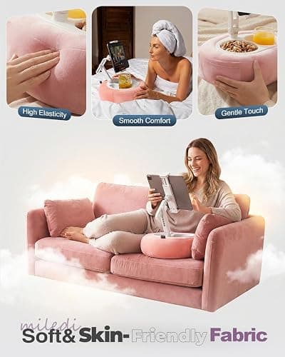 Miledi Tablet Pillow Stand for Bed with 360° Rotating Holder, Pink | Compatible with Kindle, iPad, Phone and Tablet 5" to 12.9", Soft Plush Fabric, with 2 Snack Bowls, for Reading and Relaxing thumbnail 8