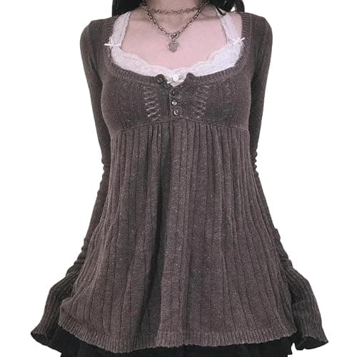 Tsultryofs Y2K Fairy Grunge Knit Long Sleeve Tunic Tops Low Cut Peplum Babydoll Blouse Button Down Harajuku 90s Sweater - Image 1
