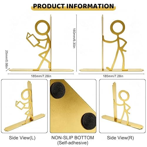 Metal Bookends People Book-end, Decorative Cute Book Ends for Shelves in Home Office Desk, Bookshelf Decor & Gift, Stable Storage (Gold Readers) thumbnail 3