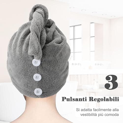 FREATECH 3 Pezzi Asciugamano Capelli in Microfibra - Asciugare Rapidamente i Capelli Bagnati senza Crespo, Turbante Capelli Morbido e Assorbente con 3 Bottoni per Donna, Bambino, Capelli Lunghi Ricci thumbnail 3