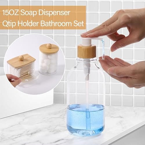 Bamboo Bathroom Accessories Set 4 Pcs - Clear Toothbrush Holder Plastic Soap Dispenser and 2 Qtip Holder Cotton Swab/Pad/Ball Container Jar thumbnail 5