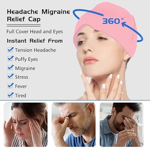 Headache Relief Hat for Migraine Relief, Tension, One Size Fits All Headache Cap with Reusable Ice Gel Pack for Puffy Eyes, Stress Relief (Pink) thumbnail 2