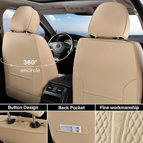 Coverado Car Seat Covers Full Set, Nappa Leather Seat Covers for Car, Waterproof Car Seat Protector with Lumbar Support, Automotive Seat Covers Universal Fit for Most Cars SUV Trucks (Beige) thumbnail 4
