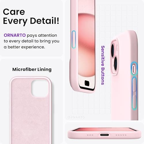 ORNARTO Compatible with iPhone 15 Case 6.1, Slim Liquid Silicone 3 Layers Full Covered Soft Gel Rubber Phone Case, Anti-Scratch Shockproof Protective Cover 6.1 Inch, Chalk Pink thumbnail 5