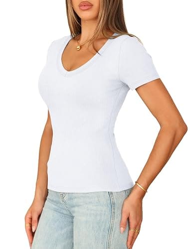 Sampeel Short Sleeve Shirts for Women V Neck Summer Ribbed Tshirts 2026 Slim Fit Spring Fashion Going Out Basic Tees thumbnail 3