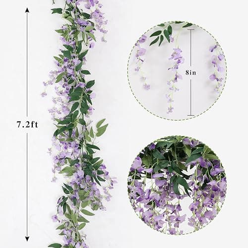 3Pcs 7.2Ft/Piece Artificial Flowers Wisteria Garland Artificial Wisteria Vine Hanging Flower Greenery Garland for Home Garden Outdoor Wedding Arch Floral Decor (Purple) thumbnail 3