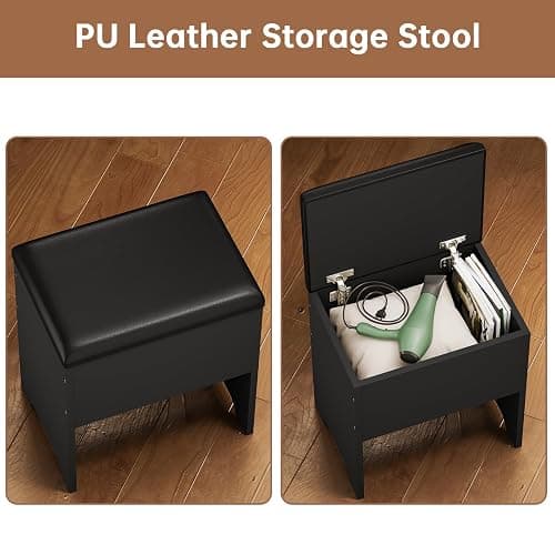 HAUOMS Vanity Desk with Mirror Lights, Storage Bench & Power Outlet, Corner Vanities with Rotating Cabinet & Drawers, 42.5" L Shaped Vanity Set, 3 Light Settings, for Women Girls, Modern Black thumbnail 6