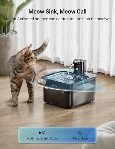 DownyPaws 2.5L Trinkbrunnen für Katze Kabellos, Katzenbrunnen Kabellos mit Bewegungsmelder und Batteriebetrieben, 4000mAh, Leise Wasserpumpe, Tablett aus Edelstahl für Katze, Schwarz mit 6 Filters thumbnail 2