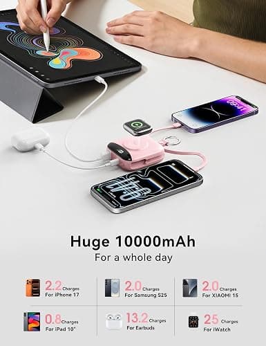 Portable Charger Power Bank, 10000mAh Fast Charging Power Bank with Built-in Cables, Travel Keychain Battery Pack with LED Display for iPhone Samsung Android iPad iWatch Charger 11/10/9/8/Ultra,Pink thumbnail 8