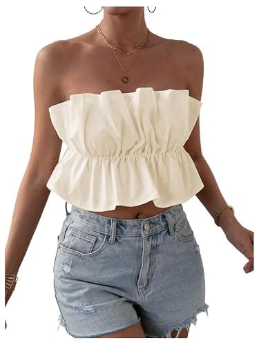 GORGLITTER Women's Strapless Bubble Tube Tops Ruffle Open Back Sleeveless Cute Summer Bandeau Peplum Crop Tops 2025 - Image 1