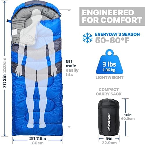 MalloMe Sleeping Bags for Adults Cold Weather & Warm - Backpacking Camping Sleeping Bag for Kids 10-12, Girls, Boys - Lightweight Compact Camping Essentials Gear Accessories Hiking Sleep Must Haves - 50-80°F Everyday 3 Season - Blue thumbnail 2