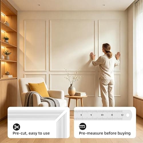 JSIWOTH Peel and Stick Wall Molding Kit, Wainscoting Panels 24 PCS | 6 frame premade panels, self adhesive wall trim, paintable molding, accent wall decor for living room bedroom hallway thumbnail 6