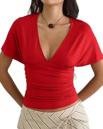 FOXDATE Women's Deep V-Neck Top Ruched Waist Slim Fit T-Shirt Elegant Casual Going Out Crop Tops - Image 1