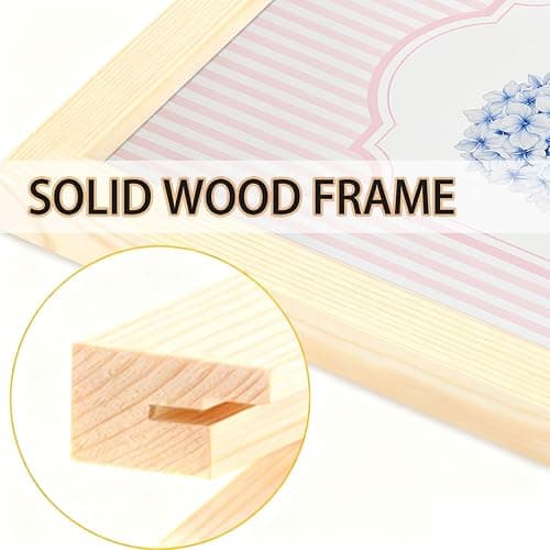 Framed OAK Wood Wall Art Pink And Blue Floral Canvas Artwork | Chinoiserie Flower Pictures Wall Decor Set of 3 Hydrangea Aesthetic Paintings for Bedroom Bathroom Living Room 12x16in thumbnail 7
