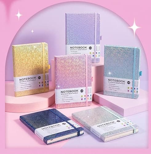 Glitter A5 Lined Notebook Hardcover, Ruled Journal No Bleed Paper Gift | Sparkling Hardcover With 192 Thick Smooth Pages. Lay-Flat Stitched Binding, Pen Loop & Elastic Band. For Daily Use. thumbnail 7