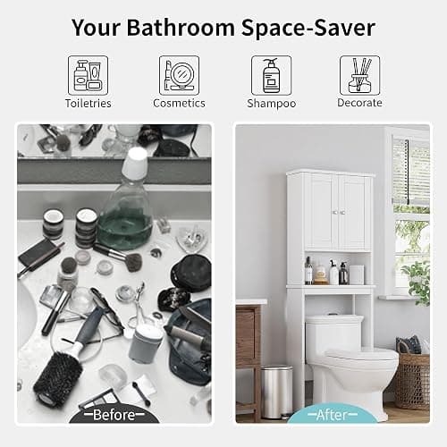 Shintenchi Over the Toilet Storage Cabinet, Bathroom Shelf Organizer with Anti-Tip Device Small Freestanding Space Saver with Adjustable Shelf，White thumbnail 6