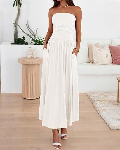 BTFBM Summer Maxi Dresses for Women 2026 Strapless Ruched Tube Top Beach Vacation Spring Wedding Guest Dress Pockets thumbnail 6