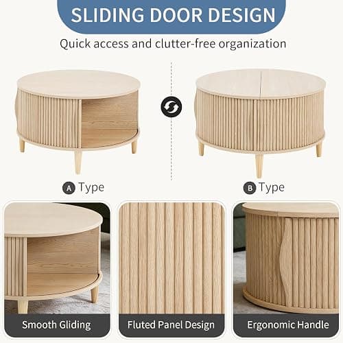 DUMOS Coffee Table, Round Coffee Tables with Storage, Fluted Center Table for Living Room, 31.69" Mid Century Modern Table with Sliding Cabinet Door, 2-Tier Rustic Wood Desktop, Wood thumbnail 5