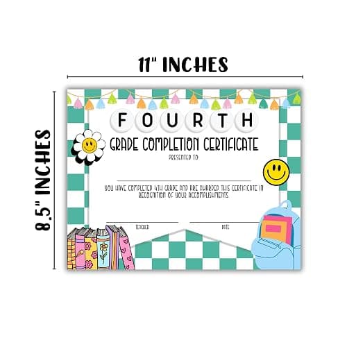 Fourth 4th Grade Certificate of Completion Graduation Diploma 30pk 8.5x11” 90’s Seed Friendship Bracelet Checkered Neutral Award Theme Trendy Minimalist thumbnail 3