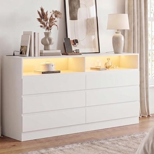 Gyfimoie 6 Drawer Double Dresser with Power Outlet, Accent Chests of Drawers with LED Light, Modern White Storage Dresser with Charging Station (Mirror Not Included) - Image 1