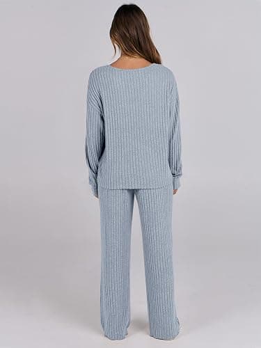 ANRABESS Women 2 Piece Lounge Pajamas Sets Casual Ribbed Knit Long Sleeve Top Pants Matching Set 2025 Fall Outfits Clothes thumbnail 5