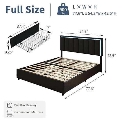 IMMERSTABLE Full Size Bed Frame with Headboard and 4 Storage Drawers, Faux Leather Upholstered Platform Bed with LED Lights, Metal and Wood Slats, No Box Spring Needed, Easy Assembly, Black thumbnail 2