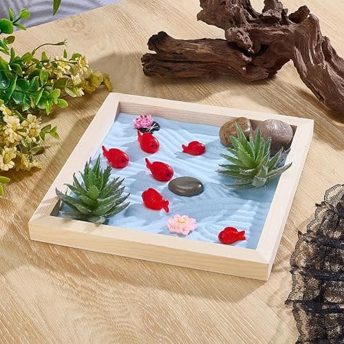 WEBEEDY Japanese Zen Garden Kit for Desk, Lotus Fish Pond Mini Sandbox Zen Sand Garden Desktop Meditation Accessories Gift for for Adult Home Room Office Decor,5.9 Inch/15 cm Round Tray thumbnail 5