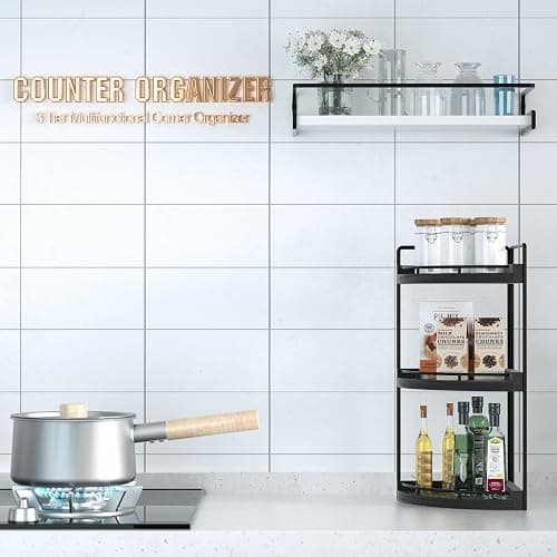 CeleVista Corner Bathroom Counter Organizer, 3 Tier Bathroom Sink Shelf Countertop, Wood Vanity Skincare Storage for Toiletries Decor, Makeup, Dresser(Black) thumbnail 6