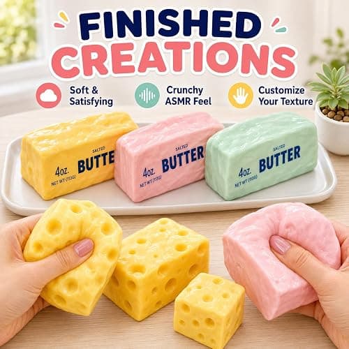 DIY Make Your Own Crunchy Squishy Kit,Butter Cheese Squishy Skin with Plugs | Asmr Crunchy Squishy Kit Includes 5 Cheese & Butter TPR Skins and 7.05 oz Filler Bead Filled Stress Ball Party Favor Gifts thumbnail 3