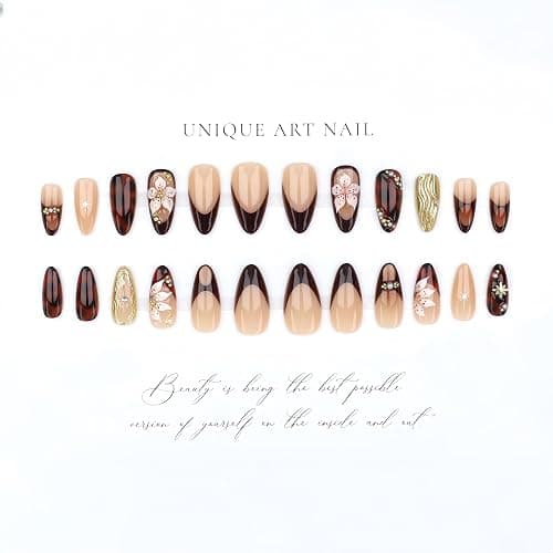 24Pcs Almond Press on Nails Medium Fake Nails with Brown Flower Designs French Nails 3D Gold Texture False Nails Star Press ons Pearl Jewelry Acrylic Nail Cute Stick on Nail for Women Manicure thumbnail 4