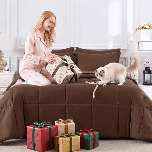 CozyLux Twin XL Comforter Set Brown - 5 Pieces Twin XL Bed in a Bag, Oeko-Tex Certified Bedding Set, All Season Soft Bed Set with Down Alternative Comforter, Sheets, Pillowcase & Sham thumbnail 6