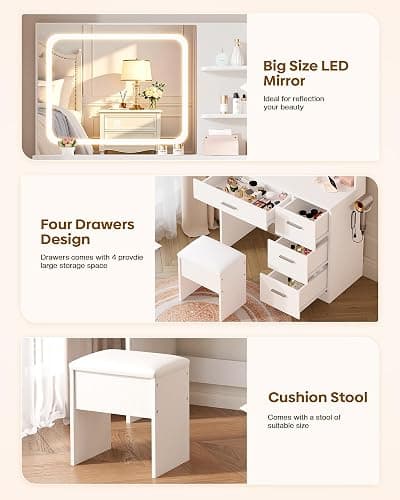 LIVELYGLOW Makeup Vanity Desk with Smart LED Mirror & Charging Station, 35.4" White Vanity Table Set with Cushioned Stool, 4 Drawers & Hairdryer Rack, Modern Bedroom Dressing Table-White thumbnail 4