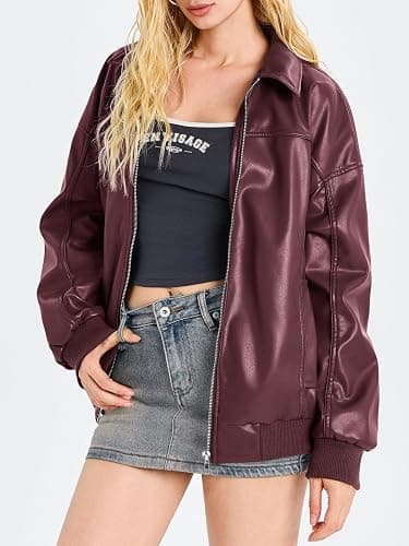 Tankaneo Womens Faux Leather Jackets Oversized Bomber Casual Fall Fashion Zip Up Moto Biker Coats thumbnail 2