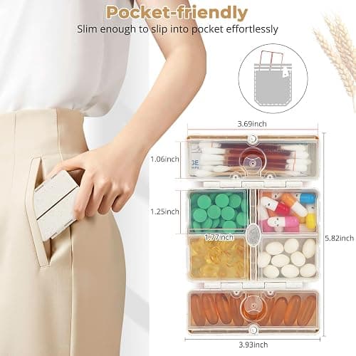 Zentiky Small Daily Pill Organizer with Labels, Medicine Pill Organizer Fit with Your Purse or Pocket for Travel to Hold Vitamin, Fish Oil, Supplement,Cotton Swabs, Bandages or Jewelry-Beige thumbnail 2