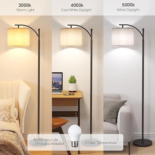 SUNMORY Arc Floor Lamp,Modern Floor Lamp with 9W 3 Color Temperatures Bulb,Metal Standing Lamps with Adjustable Hanging Lampshade,Tall Floor Lamps for Living Room,Bedroom,Office (Black) thumbnail 2