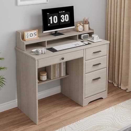 4 EVER WINNER Small Desk with Drawers, Computer Desk with File Cabinet & Monitor Stand, Home Office Desks with Drawers, Wood Writing Desk for Bedroom, Off White thumbnail 7