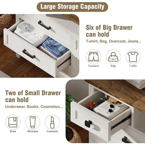 BROTTAR Dresser with Mirror for Bedroom, Chest of Drawers with LED Mirror, 8 Drawer Dresser with Charging Station, White Kids Dressers, Farmhouse Makeup Vanity with Storage for Bedroom thumbnail 4