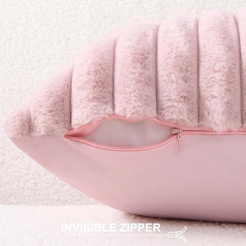 Pallene Faux Fur Decorative Throw Pillow Covers 18x18 Set of 2, Blush Pink | Luxury Plush Texture, Striped Design, Cozy Soft Touch, Modern Home Accent Decor for Couch, Sofa, Bed, Living Room thumbnail 3