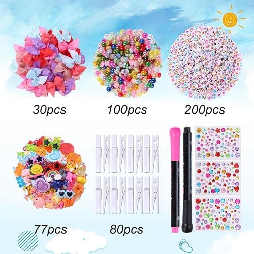 JOICEE 80 Set Cheer Pins Spirit Clips,Clothes pins Include 126 Mini Resin Animals Bows and Self Adhesive Stickers Pen 300 Beads Pearls for Backpacks Ribbon Team Classroom Cheer Gifts Bulk(White Wood) thumbnail 4