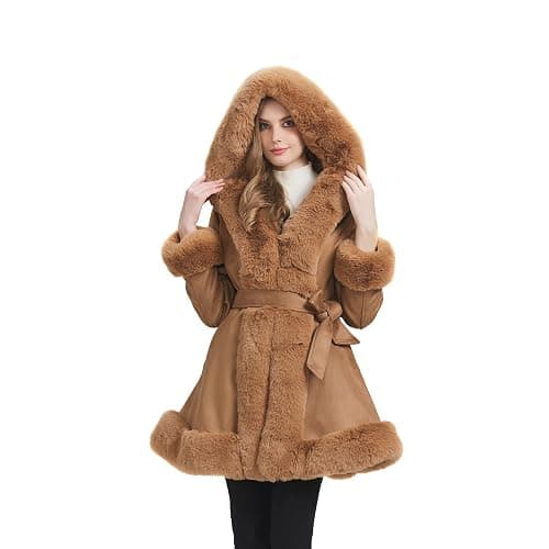 GRAN ORIENTE Suede Jacket for Women with Faux Fur Collar,Long Sleeve Warm Winter Parka Coat with Belt Outerwear thumbnail 4