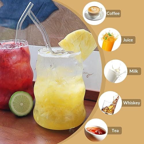 Pletmin 4 Pcs Ribbed Glass Cups, Vintage Drinking Glassware with Glass Straw 18 Oz Bubble Iced Coffee Cup for Juice, Tea, Beverage, Milk, Beer, Cocktails Ideal for Gift thumbnail 5