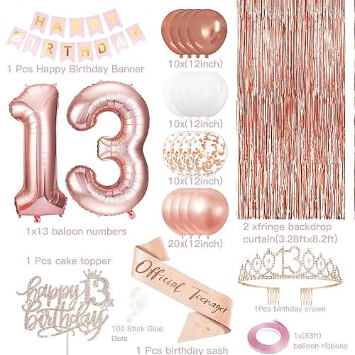 13th Birthday Decorations for Girls, Rose Gold 13th Birthday Banner, Balloon, Cake Topper, Sash and Crown, Happy 13th Birthday Party Decorations for Girls thumbnail 3
