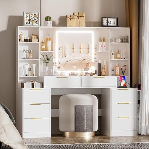 FURNJOYLIFE White Makeup Vanity Desk with Lighted Mirror & Power Outlet,3 Color Modes, Brightness Adjustable,Vanity Table with Drawer,Sliding 2 Storage Wall-Mounted Jewelry (Pure White) thumbnail 9