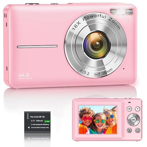 Digital Camera 1080P 44MP Vlogging Camera for Kids Teens, FHD Compact Portable Photo Camera with 2.4" Screen 16X Zoom, Anti-shake Mini Camera for Beginners Students Boys Girls-Pink（No SD Card) - Image 1