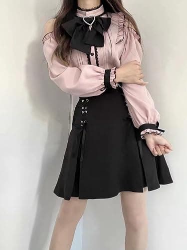 Pokn Lolita Fashion Jirai Kei Fashion für Damen, Cutecore-Schultershirt, Damen, Lolita, Spitze, Netzstoff, durchscheinend, langärmelig thumbnail 4