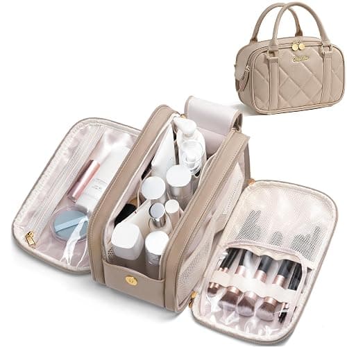 Bagstellar Travel Makeup Bag, Large Capacity Quilted Toiletry Bag for Women Stand-up Cosmetic Bag Open Flat Make Up Case Organizer Portable Pouch Purse w/Handle for Traveling Accessories, Camel - Image 1