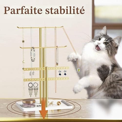 Organisateur de Support à Bijoux à 3 Niveaux - Support Solide pour 80 Pièces de Bijoux - Porte-Bijoux Doré - Porte-Bijoux pour Colliers, Boucles d'oreilles, Bracelets, Bagues - Cadeau pour Femmes thumbnail 5